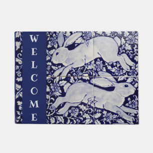 Blue & White Rabbit Bunny Welcome Elegant Tile Art Doormat