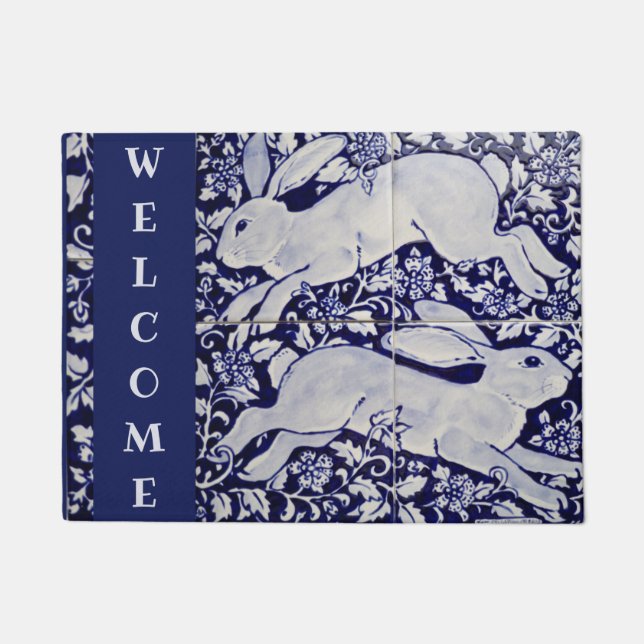 Blue & White Rabbit Bunny Welcome Elegant Tile Art Doormat (Front)
