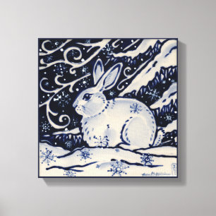 Blue & White Rabbit Bunny Woodland Snow Winter Art Canvas Print
