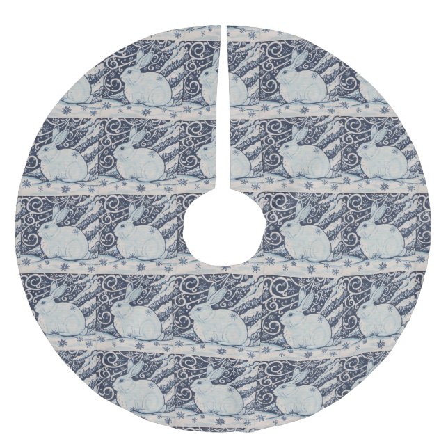 Blue White Rabbit Designer Christmas Tree Skirt (Front)