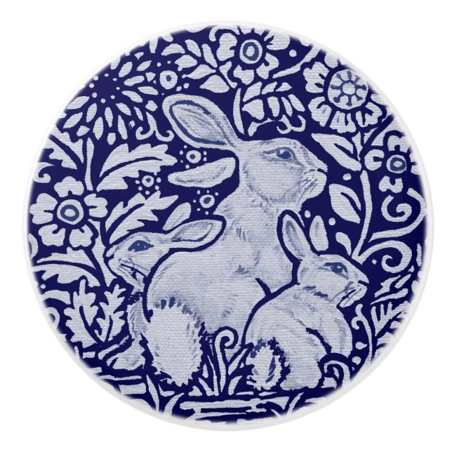Blue & White Rabbit Family Drawer Pull Knob Dedham (Front)