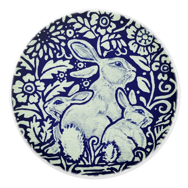 Blue & White Rabbit Family Drawer Pull Knob Dedham (Front)