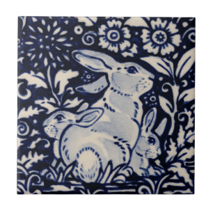 Blue White Rabbit Family Floral Chinoiserie Navy Tile
