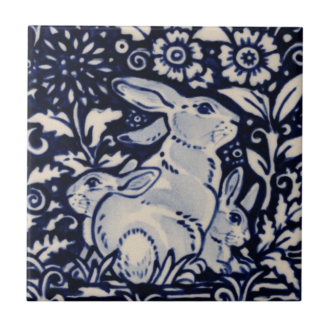 Blue White Rabbit Family Floral Chinoiserie Navy Tile (Front)
