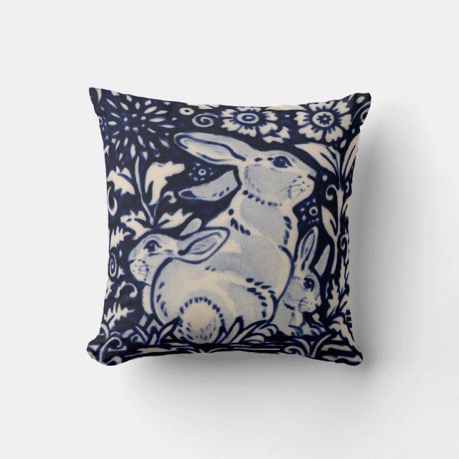 Blue White Rabbit Family Hare Bunny Chinoiserie Throw Pillow (Front)