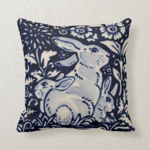 Blue White Rabbit Family Hare Bunny Chinoiserie Throw Pillow