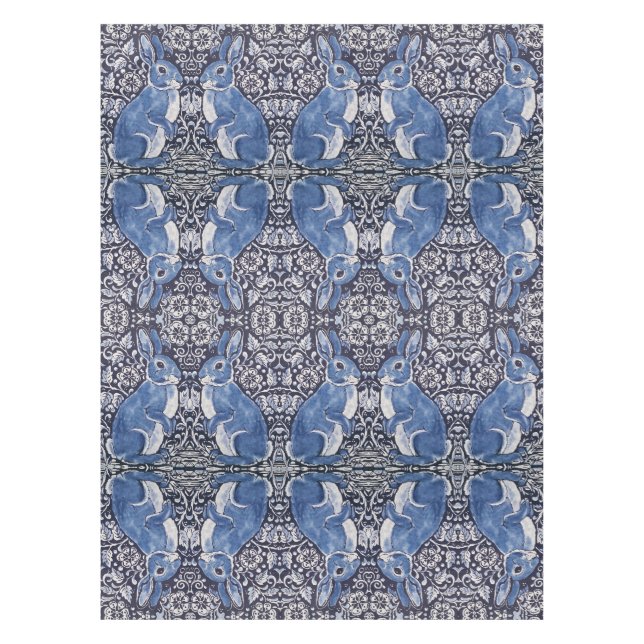 Blue White Rabbit Floral Art Nouveau Tablecloth (Front)