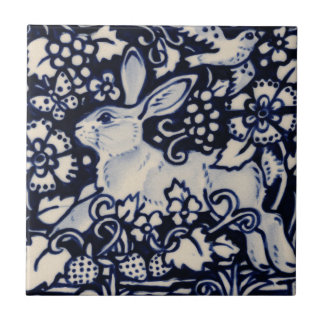 Blue White Rabbit Floral Bird Chinoiserie Berry Tile