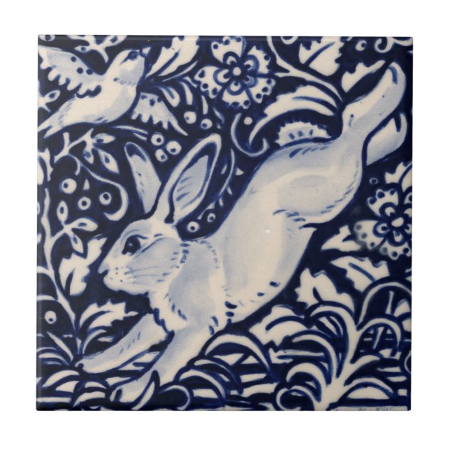 Blue White Rabbit Floral Bird Chinoiserie Cobalt Tile (Front)