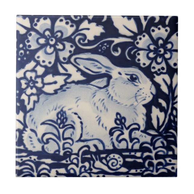 Blue White Rabbit Floral Snail Chinoiserie Cobalt Tile (Front)