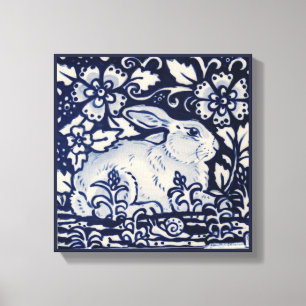 Blue & White Rabbit Floral Snail Leaf Chinois Art Canvas Print