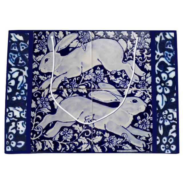 Blue, White Rabbit Floral Tile Design Dedham Delft Large Gift Bag (Front)