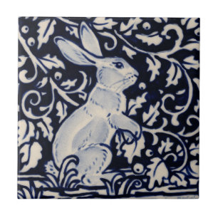 Blue White Rabbit Floral Vine Chinoiserie Cobalt Tile