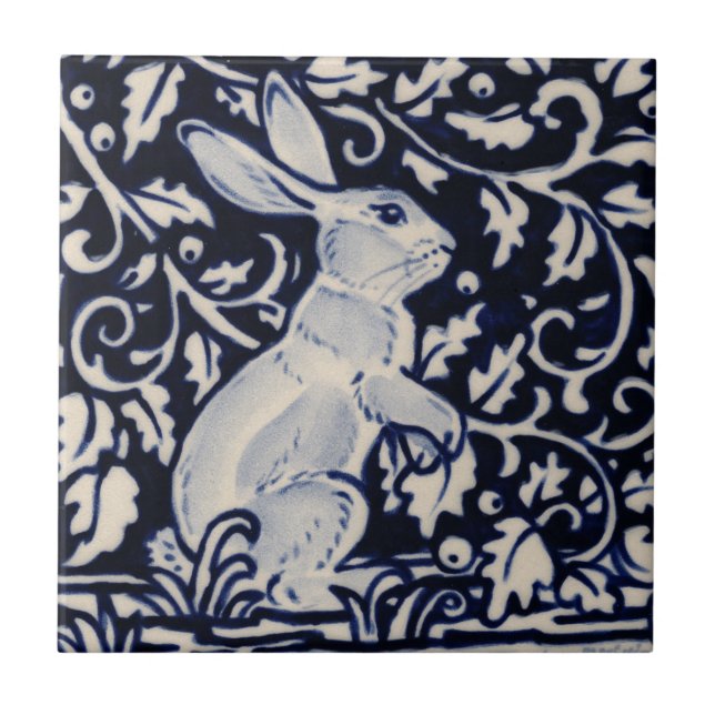 Blue White Rabbit Floral Vine Chinoiserie Cobalt Tile (Front)