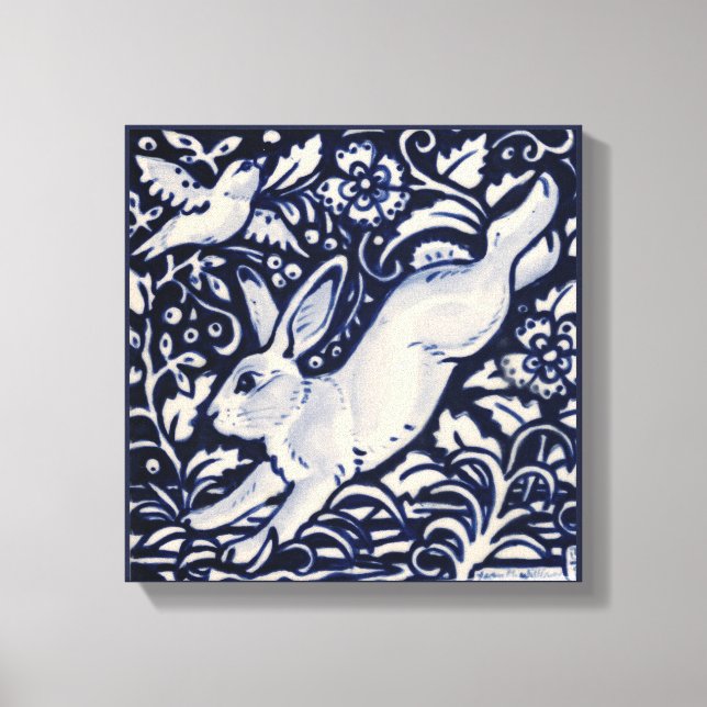 Blue White Rabbit Hare Bunny Bird Floral Woodland Canvas Print (Front)