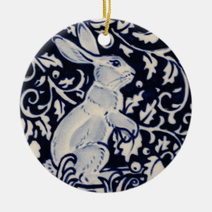 Blue & White Rabbit Hare Bunny Christmas Woodland Ceramic Ornament