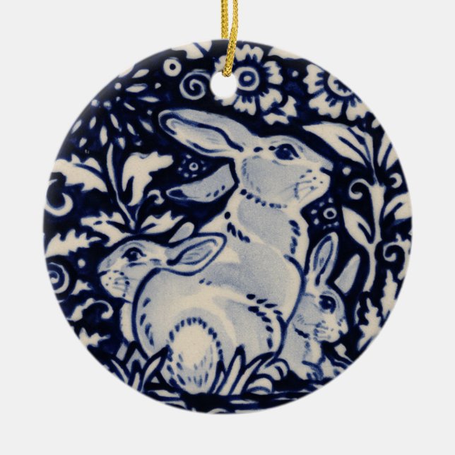 Blue & White Rabbit Mom & Babies Date Custom Ceramic Ornament (Front)