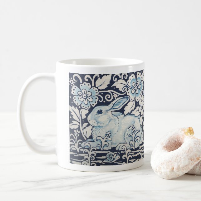 Blue & White Rabbit Painting Floral Woodland Snail Coffee Mug (With Donut)