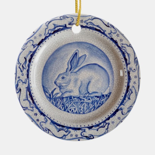Blue & White Rabbit Pottery Dedham Delft Custom Ce Ceramic Ornament (Front)