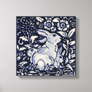 Blue & White Rabbit Spring Floral Baby Bunny Art Canvas Print