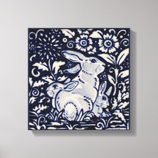 Blue & White Rabbit Spring Floral Baby Bunny Art Canvas Print (Front)