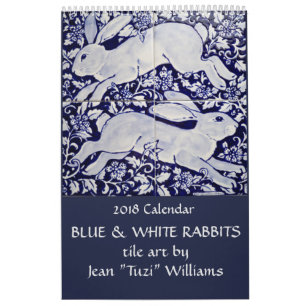 Blue & White Rabbit Tile Art Any Year Calendar
