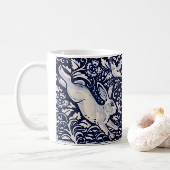 Blue & White Rabbit Tile Woodland Flowers Bird Coffee Mug (With Donut)