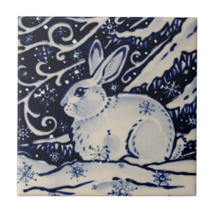Blue White Rabbit Winter Snow Chinoiserie Cobalt Tile