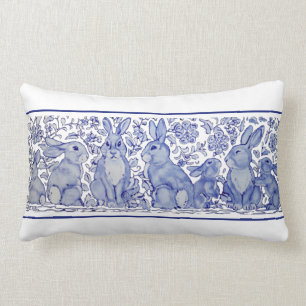 Blue & White Rabbit Woodland Bunny Delft Dedham Lumbar Pillow
