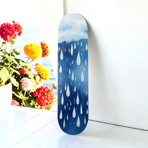 Blue White Rain Drops Rainy Day Pattern Skateboard