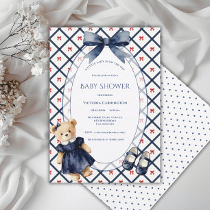 Blue White Red Little Lady Floral Bear Vintage Invitation