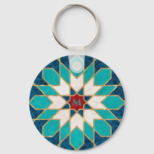 Blue White Red Marble Moroccan Mosaic Monogram Keychain
