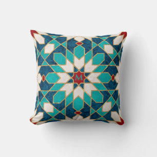 Blue White Red Marble Moroccan Mosaic Monogram Throw Pillow