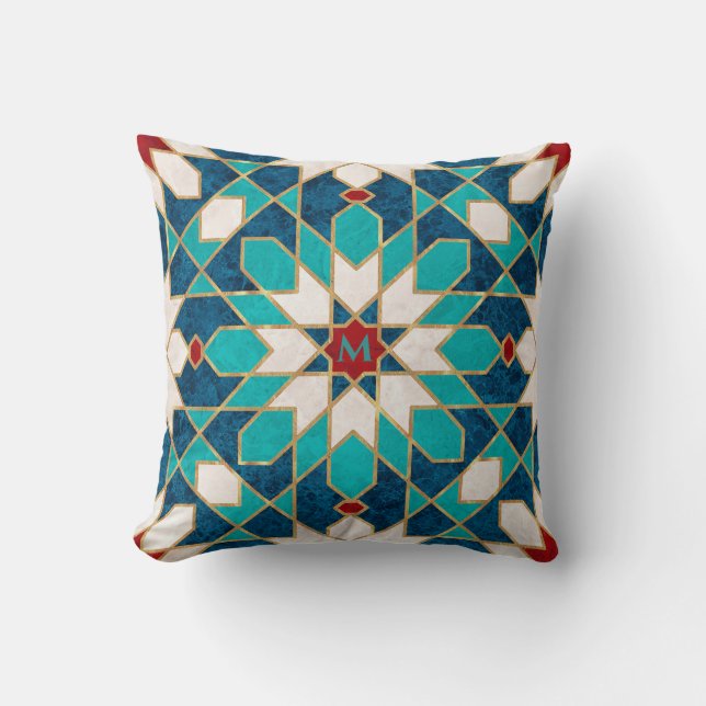 Blue White Red Marble Moroccan Mosaic Monogram Throw Pillow (Front)