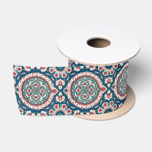 Blue White Red Teal Oriental Azulejo Pattern Satin Ribbon