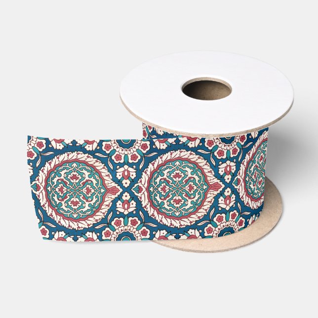 Blue White Red Teal Oriental Azulejo Pattern Satin Ribbon (Spool)