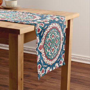 Blue White Red Teal Oriental Azulejo Pattern Short Table Runner