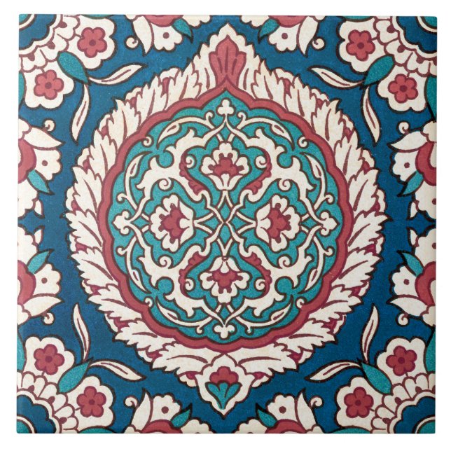 Blue White Red Teal Oriental Azulejo Pattern Tile (Front)