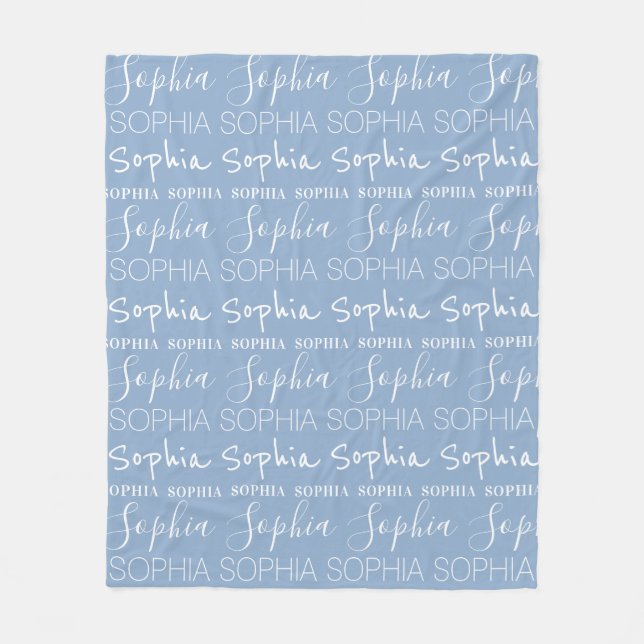 Blue White Repeating Personalized Name Custom Fleece Blanket (Front)