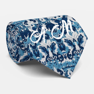Blue White Retro Ikat Pattern 2 Monogram Initials Tie