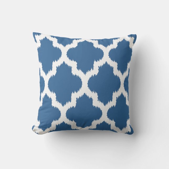 Blue & White Reversible Ikat Quatrefoil Pattern Throw Pillow (Front)