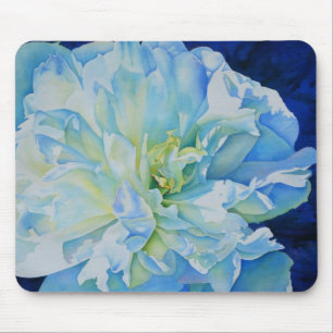 Blue white romantic peony watercolor painting mouse pad