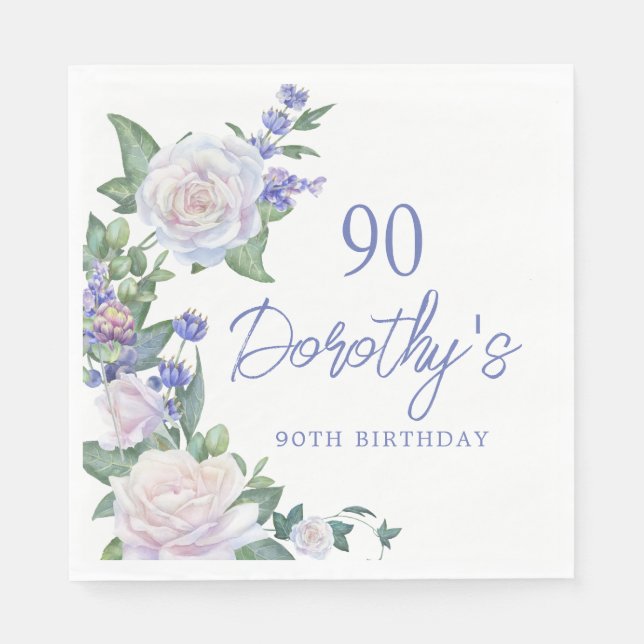 Blue White Rose Floral 90th Birthday Napkin (Front)