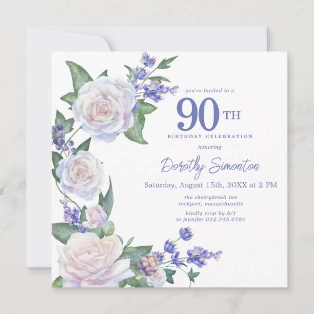 Blue White Rose Floral 90th Birthday Square Invitation (Front)