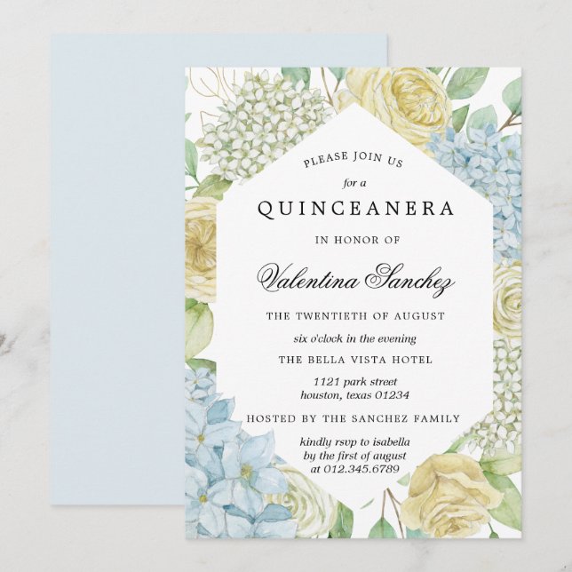 Blue White Rose Hydrangea Quinceanera Invitation (Front/Back)