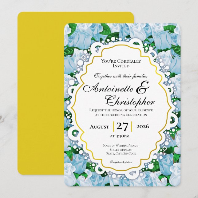 Blue & White Rose Wedding Invite with Gold Border (Front/Back)