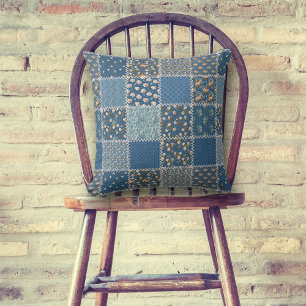 Blue White Roses Patchwork Quilt Pattern Throw Pillow