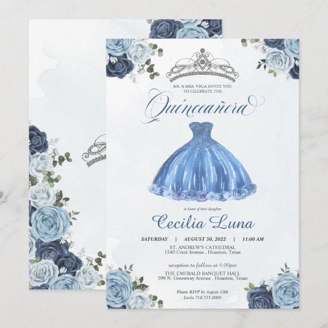 Blue & White Roses Princess Quinceañera Birthday I Invitation (Front/Back)
