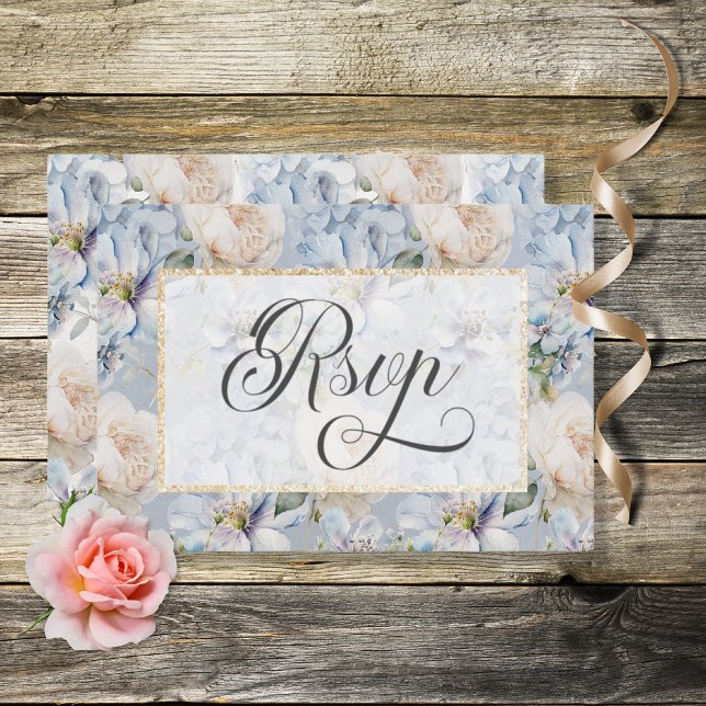 Blue & White Rustic Floral Gold Frame Wedding RSVP Card (Creator Uploaded)