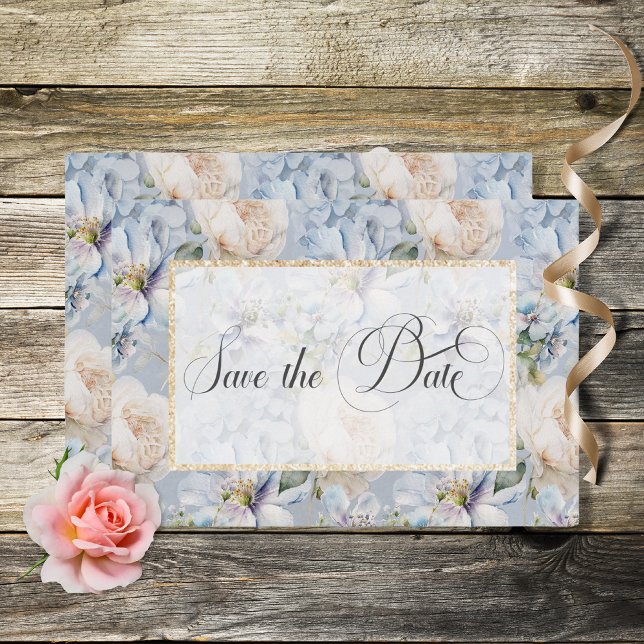 Blue & White Rustic Floral Gold Frame Wedding Save The Date (Creator Uploaded)